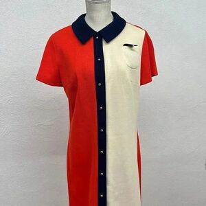 Colorblock Midi Shirt Dress in Red and Cream with Navy Trim